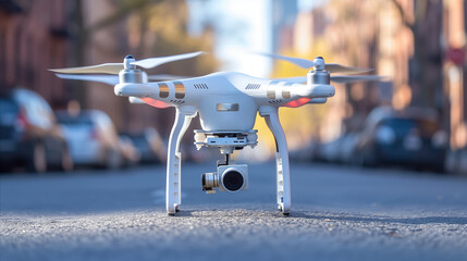 Fototapeta premium Modern camera drone ready for takeoff on an urban street