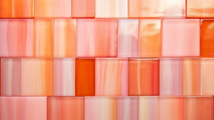 Peach fuzz, orange pink colored abstract grunge glass square rectangle mosaic tile mirror wall texture background banner panorama