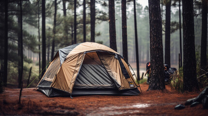 Portrait of camping waterproof tent in wet rainy day, pitched in a forest - obrazy, fototapety, plakaty