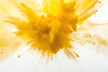 yellow powder explosion isolated on white background. yellow dust particles splash. Holi Festival. Burst of colors series. Vibrant contrast. Celebration and creativity concept background texture 2