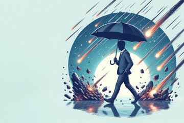 A man walks under an umbrella during a meteorite fall. Place for text. - obrazy, fototapety, plakaty