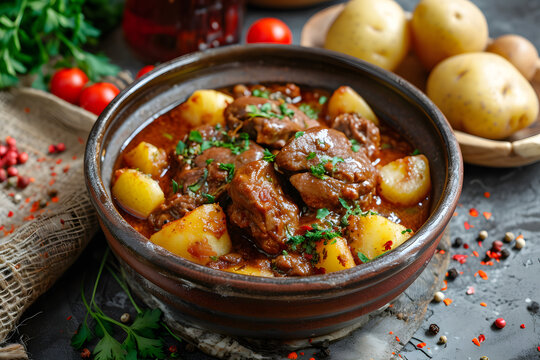 beef with potatoes, beef with sauce and potatoes, dish food hotography, eating, beef stew, cooking photo