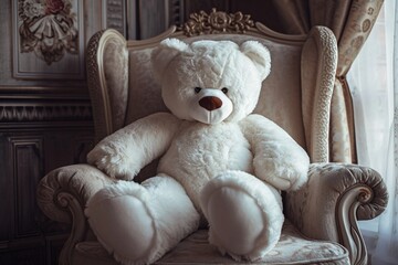 Big white teddy bear sitting on a chair a lovable children's toy for big girls its charming presence and size showcased in high definition creating a heartwarming and playful image