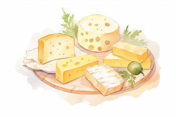 Cheese, gourmet illustration , cartoon drawing, water color style, AI Generated