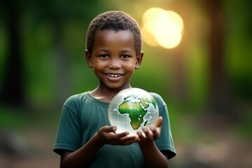 Closeup of an African boy holding a small world ball on an out of focus background of nature. International day of peace concept - obrazy, fototapety, plakaty