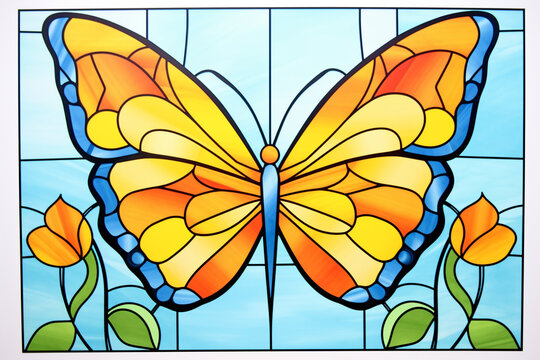 Butterfly, stained glass style , cartoon drawing, water color style, AI Generated