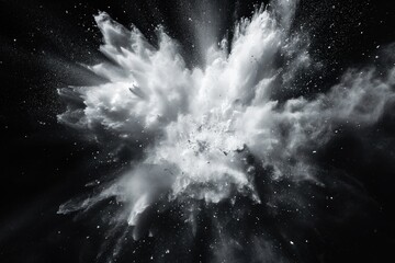 white powder explosion isolated on black background. white dust particles splash. Color Holi...