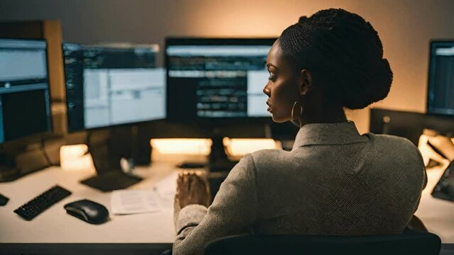 Black Woman, Face Or Confused In Night Office On Computer Planning