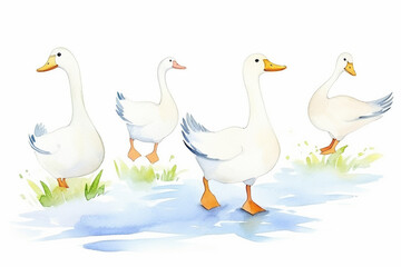 Goose, flock together , cartoon drawing, water color style, AI Generated
