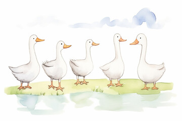 Goose, flock together , cartoon drawing, water color style, AI Generated