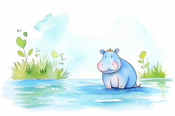 Hippo, water habitat , cartoon drawing, water color style, AI Generated