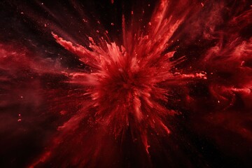 red powder explosion isolated on black background. red dust particles splash. Color Holi Festival. Burst of colors series. Vibrant contrast. Celebration and creativity concept background texture 2 - obrazy, fototapety, plakaty
