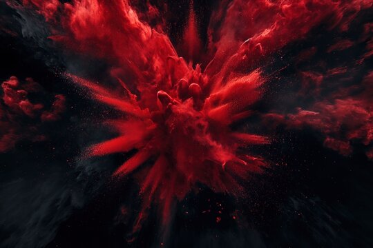 red powder explosion isolated on black background. red dust particles splash. Color Holi Festival. Burst of colors series. Vibrant contrast. Celebration and creativity concept background texture 1