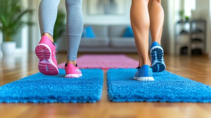 Fitness enthusiasts wearing sneakers stretching on yoga mats at home - obrazy, fototapety, plakaty