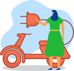Woman holding a large electrical plug near an orange scooter. Cartoon style with flat design and clean background. Eco transportation vector illustration.