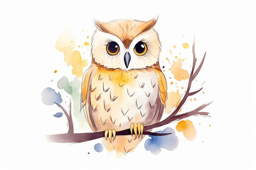 Owl, mysterious look , cartoon drawing, water color style, AI Generated