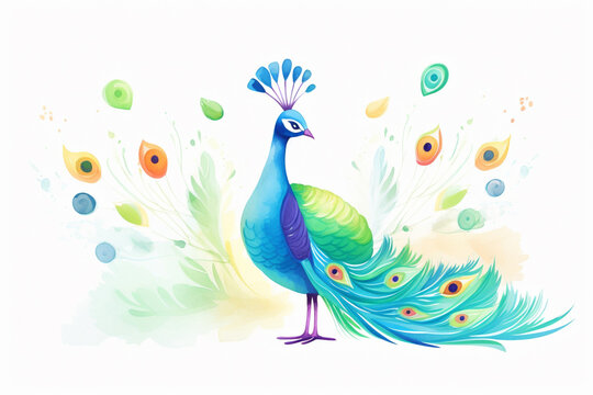 Peacock, colorful display , cartoon drawing, water color style, AI Generated