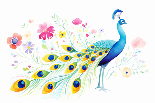 Peacock, colorful display , cartoon drawing, water color style, AI Generated