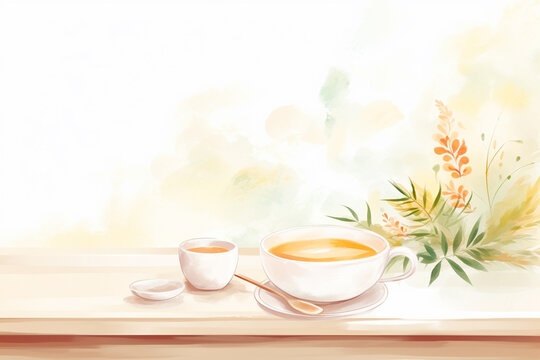 Soup, cozy atmosphere , cartoon drawing, water color style, AI Generated