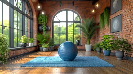 Photo sur Plexiglas Fitness Modern home gym with fitness ball on blue mat in a sunny loft space