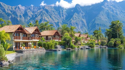 Luxurious tropical resort with mountain view and lush greenery - obrazy, fototapety, plakaty