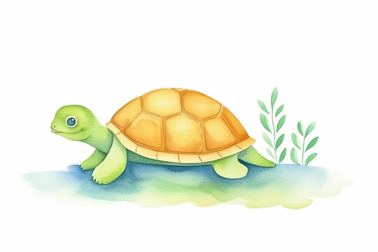 Turtle, peaceful nature , cartoon drawing, water color style, AI Generated