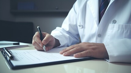 doctor sitting at a desk, writing a prescription for her patient.