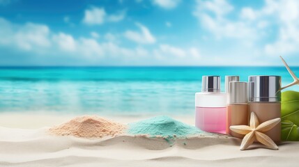 Fototapeta na wymiar beauty cosmetic summer background illustration skincare makeup, sun beach, glow radiant beauty cosmetic summer background