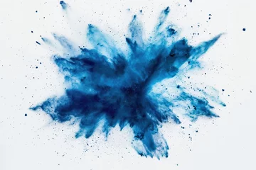 Fotobehang blue powder explosion isolated on white background. blue dust particles splash. Color Holi Festival. Burst of colors series. Vibrant contrast. Celebration and creativity concept background texture 4 © ana