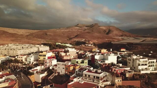 Fishing village between mountains, Gran Canaria, Sardina de G&aacute;ldar, recorded with drone 4K