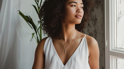 portrait of a black woman in white, summer dress, wearing necklace with pendant,