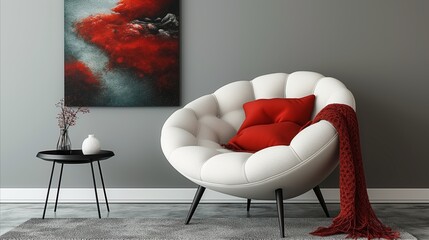 Elegant modern living room with red accent decor and abstract art