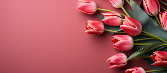 Fototapeta na wymiar Red tulip flower background. Floral wallpaper, banner. February 14, valentine's day, love, 8 march women's day theme. 