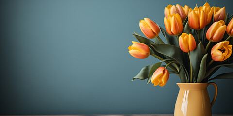 Yellow tulip flower bouquet on blue background. Floral wallpaper, banner. February 14, valentine's day, love, 8 march women's day theme.	
 - obrazy, fototapety, plakaty