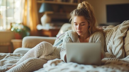 Young woman working on laptop in a cozy home environment - obrazy, fototapety, plakaty
