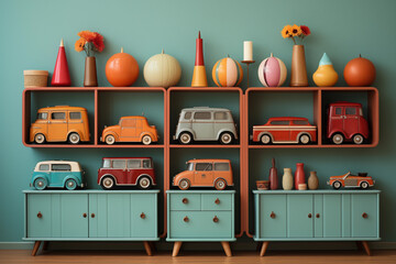 Retro old toys in vintage wall pastel colors