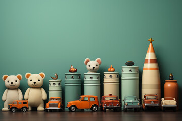 Retro old toys in vintage wall pastel colors background_1