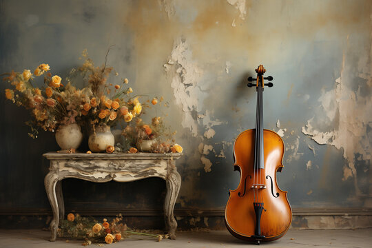Retro old cello in wall pastel colors background_1