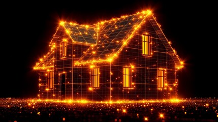 Illuminated digital house outline on dark background for concepts of technology and architecture