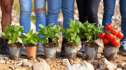 Community gardening concept with volunteers planting vegetable seedlings