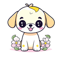 Cute puppy with a flower cartoon hand drawn vector illustration. Can be used for t-shirt print, kids wear fashion design, baby shower invitation card 