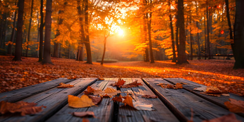 Naklejka na ściany i meble A serene autumn setting with orange leaves on a wooden table in the forest at sunset. Perfect for nature or fall-themed promotions and content.