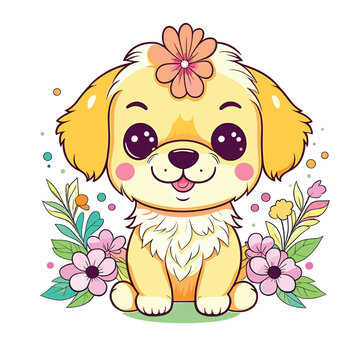 Cute little dog with floral white background vector illustration.