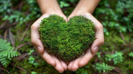 Human hands cradling a heart-shaped moss in nature