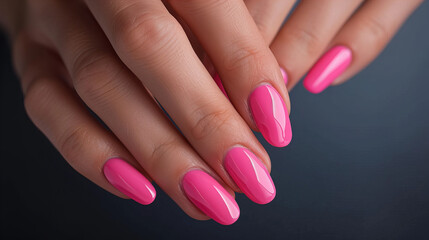 Female hand model with nail polish on her fingernails. Pink nail manicure with gel polish made at luxury beauty salon. 