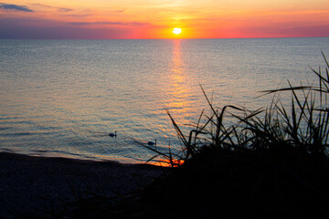 Naklejka premium sunset on the sea. The orange color of the sun is hidden behind the horizon of the sea.