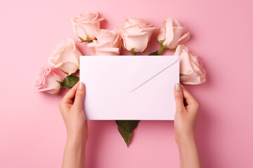 Young woman’s hands holding blank paper envelope on pink background, envelope mockup with copy space, Generative AI