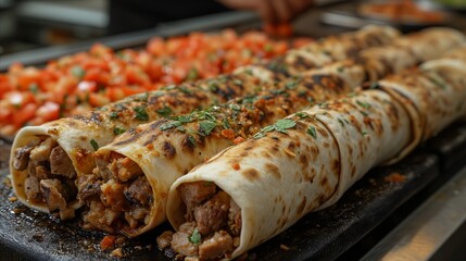 Delicious grilled burritos with meat and vegetables close-up on cooking pan
