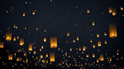 Floating paper lanterns in the night sky. paper lanterns floating in a night sky. Dark sky filled floating lanterns night. - obrazy, fototapety, plakaty