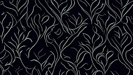 Seamless pattern with leaves on a black background. Abstract white outlined leaves seamless...